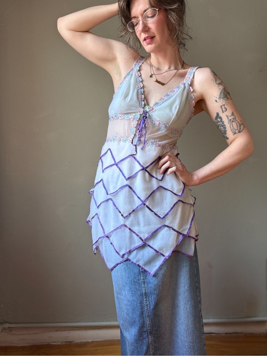 Vintage Dresses & Skirts - Vintage 90s Sheer Mesh Appliqué Dress | Romantic Boudoir Mini Slip | Size M/L
